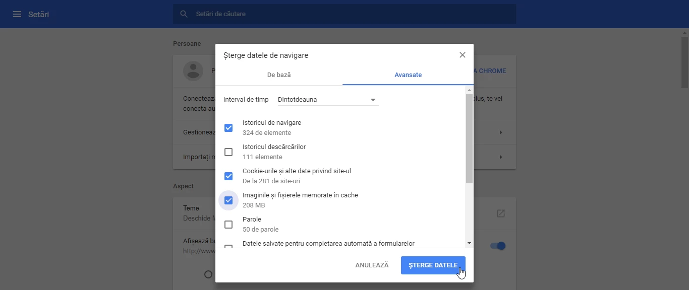 Selectare optiuni si stergere