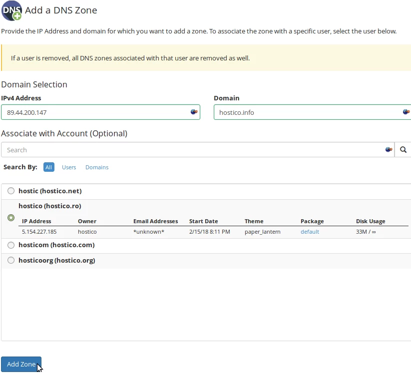 Adding a DNS Zone using the WHM Add a DNS Zone function | Hostico