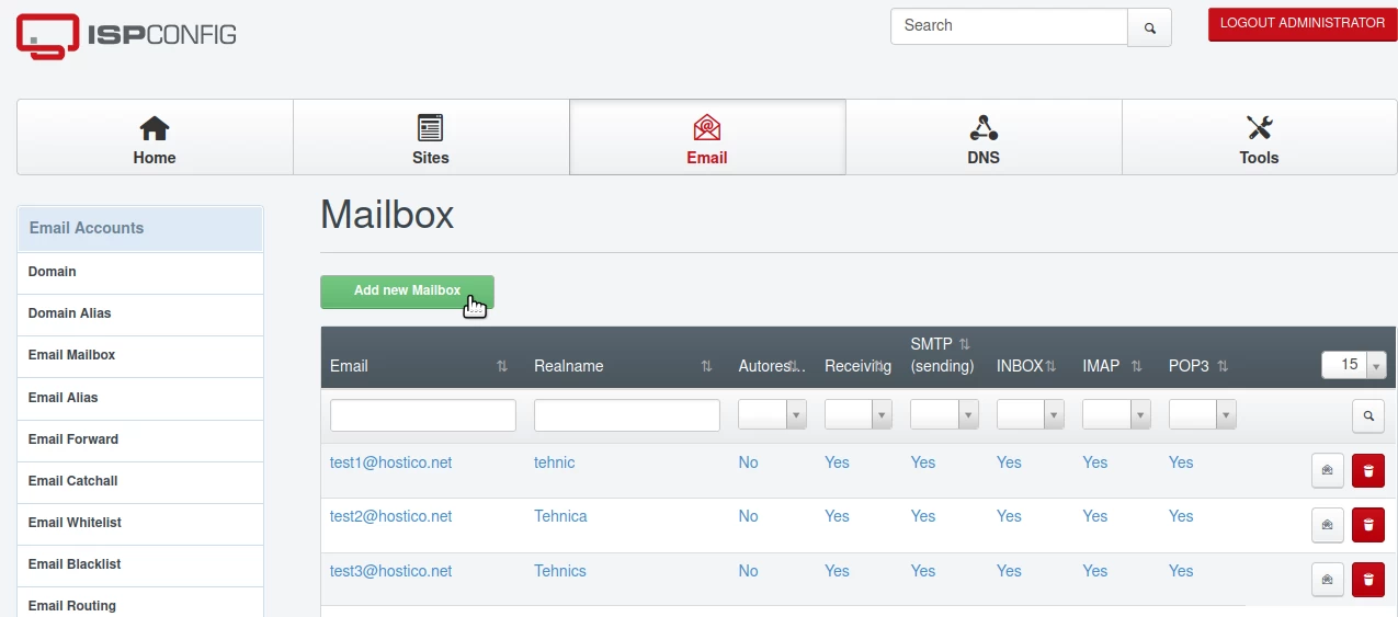 Creating an email box in the ISPConfig control panel. | Hostico