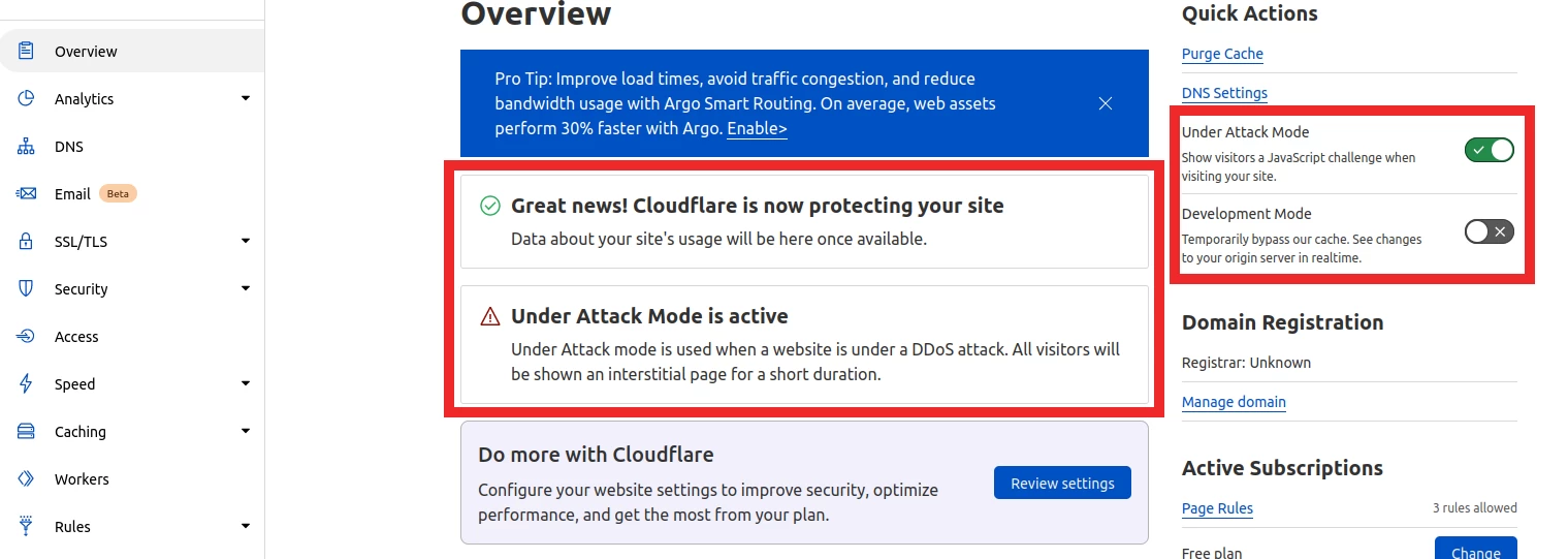 Under Attack Mode active notification
