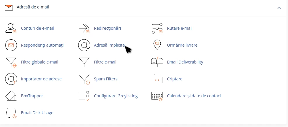 Selectare Adresa implicită din sectiunea Adresa de e-mail cPanel